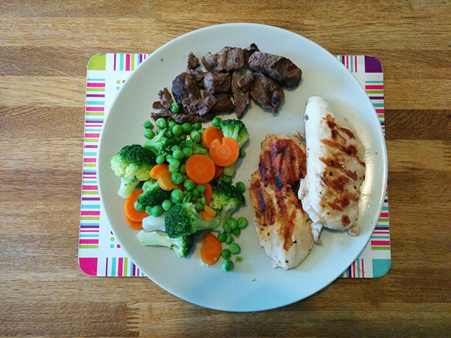 Chicken, beef and steamed veg