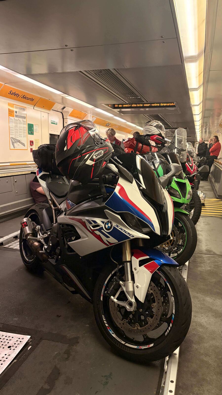 Motorbikes lined up on Le Shuttle ready for the Channel crossing