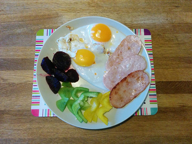 Turkey rashers, duck eggs, beetroot and peppers